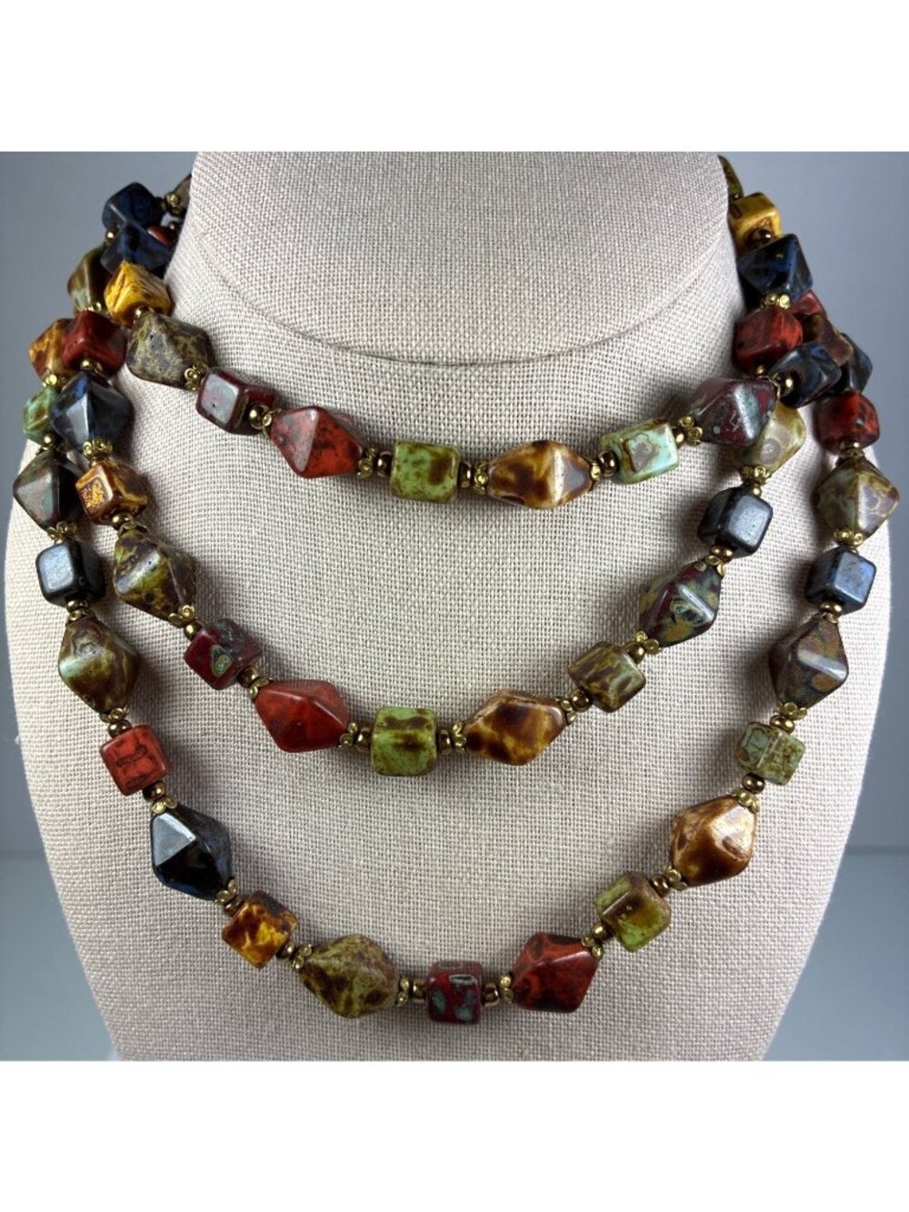 Vintage Long Stone Bead Necklace 46 Inch Earth Tone Boho Jewelry